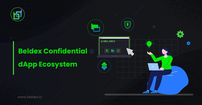A promotional graphic for the Beldex Confidential dApp Ecosystem, featuring an illustrated person working on a laptop surrounded by privacy and security icons, with the Beldex logo and website "www.beldex.io" displayed. The image visually reinforces the post's message of Beldex building a comprehensive privacy ecosystem rather than focusing on a single use case.