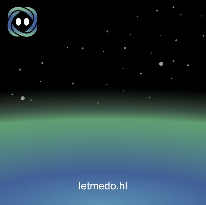 A digital image showing a dark starry sky above a green and blue gradient, with the text 'letmedo.hl' at the bottom and a logo in the top left corner.