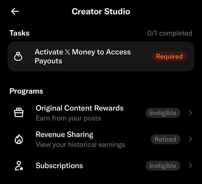 The image shows a Creator Studio dashboard displaying "0/1 completed" tasks, with the only required task being "Activate X Money to Access Payouts" marked "Required." Under Programs, options like Original Content Rewards and Subscriptions are labeled "Ineligible," while Revenue Sharing is marked "Retired"—fitting the caption's self-deprecating jab at a creator failing to meet monetization requirements on the platform.