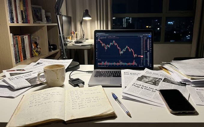 A desk setup at night featuring a laptop displaying a Bitcoin candlestick chart, an open notebook with handwritten notes about BTC and gold prices, scattered financial newspapers, a coffee mug, and a smartphone.