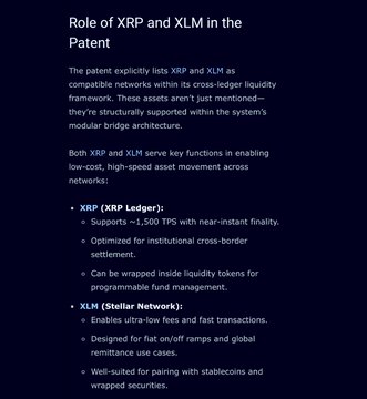 The image presents a post about "Role of XRP and XLM in the Patent", explaining what the patent does, its purpose or objective, and what it does not do. The post highlights XRP as an e-liquidity token that is used for transferring data packets across networks, stating that this currency allows users to transfer data quickly and efficiently. Additionally, they state that XRP can be paired with other stablecoins (stablecoins are a type of cryptocurrency designed to maintain a fixed value), which means it can support a variety of transactions within the network. The post also mentions a comparison between XRP and XLM and lists their respective roles in e-liquidity, emphasizing how they complement each other for more secure and efficient data transfer across networks.