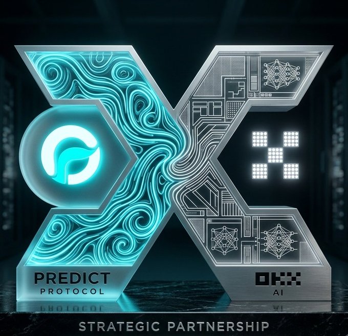 A stylized "X" emblem split between Predict Protocol's teal flowing-wave design and OKX AI's circuit-board aesthetic, with both brand names displayed on metallic bases and "STRATEGIC PARTNERSHIP" inscribed at the bottom. The image visually represents the collaboration mentioned in the post, symbolizing the fusion of predictive on-chain odds with OKX's AI agent ecosystem.