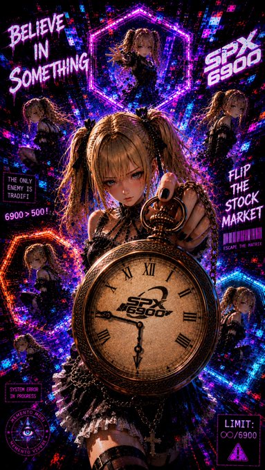 An anime-style promotional poster with text including 'BELIEVE IN SOMETHING', 'SPX 6900', 'FLIP THE STOCK MARKET', '6900 > 500!', 'SYSTEM ERROR IN PROGRESS', and 'LIMIT: ∞/6900', featuring a girl holding a pocket watch.