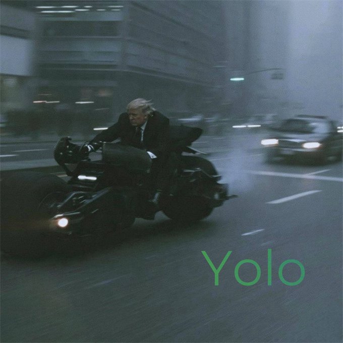 An older man in a suit rides a futuristic motorcycle down a city street at night, with the word 'Yolo' displayed in green text.