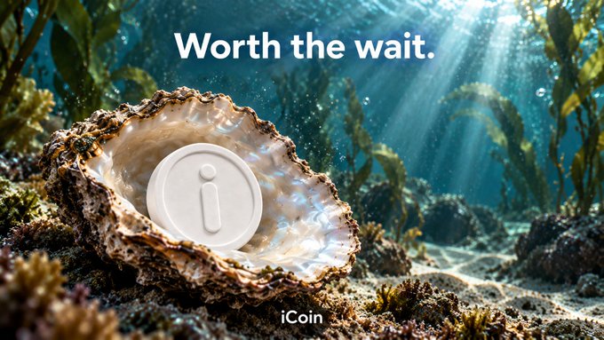 An advertisement showing a white 'iCoin' token resting inside an open oyster shell underwater with the text 'Worth the wait.'