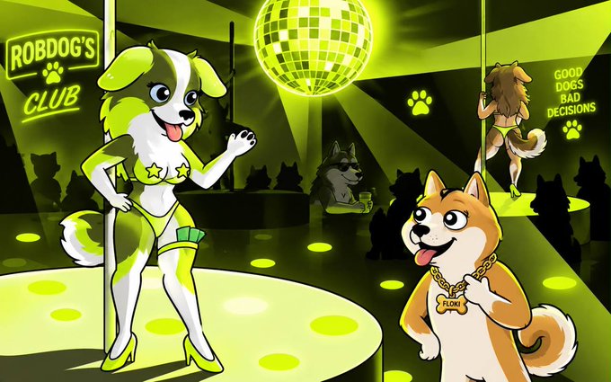 An illustrated scene of 'ROBDOG'S CLUB' depicting anthropomorphic dogs in a neon-green nightclub with a disco ball, a Shiba Inu labeled 'FLOKI', and a sign reading 'GOOD DOGS BAD DECISIONS'.