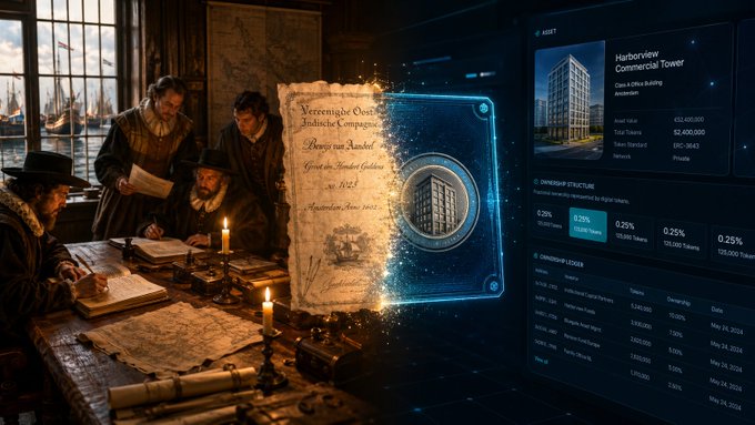 A split-composition image showing merchants examining an old parchment on the left and a futuristic holographic digital dashboard displaying 'Harborview Commercial Tower' asset data on the right, representing traditional-to-digital asset tokenization.