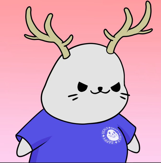 A digital illustration of a cute, white seal-like character wearing deer antlers and a purple t-shirt, standing against a pink gradient background.