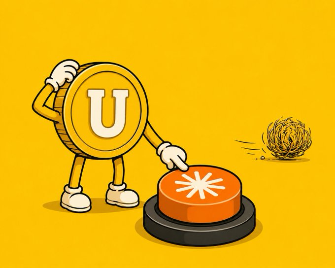 The image features a cartoon character, likely a button or a key, with white lettering that reads "U". This character is standing next to an orange button, which has a black border around it. The background of the image is yellow, and there are some strands of yarn scattered in front of the button. In the corner of the image, there's text that says "Tried Mythos. It'S Useless."
