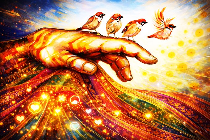 A vibrant digital artwork depicting a large hand with four small birds perched on it, one taking flight, set against a colorful, glowing patterned background.