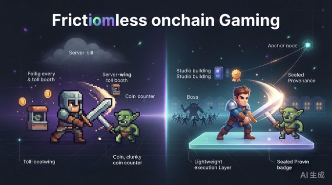 A presentation slide titled 'Frictionless onchain Gaming' comparing traditional pixel-style gaming with modern onchain gaming, featuring pixel art characters and labeled elements like 'Server-bill', 'Coin counter', 'Lightweight execution Layer', and 'Sealed Provenance badge'.