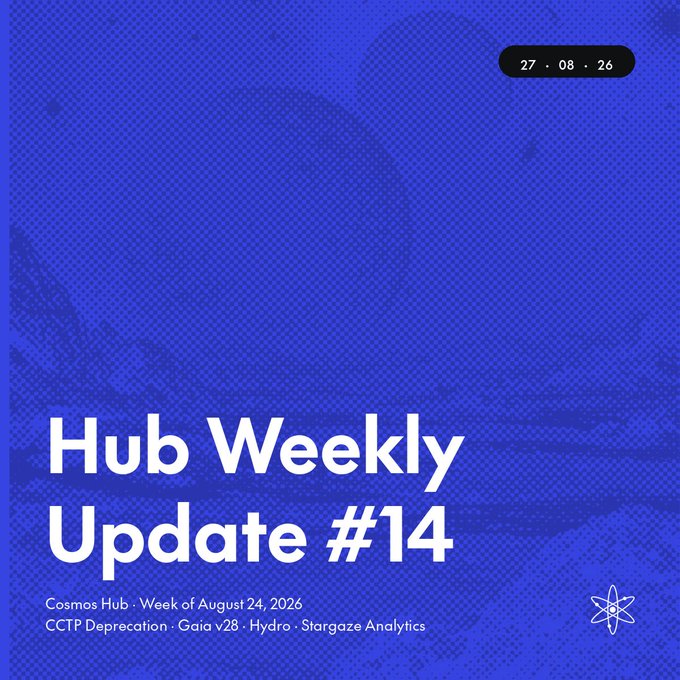 A blue graphic titled "Hub Weekly Update #14" dated 27·08·26, covering Cosmos Hub news for the week of August 24, 2026, with topics listed including CCTP Deprecation, Gaia v28, Hydro, and Stargaze Analytics—serving as a visual recap of the accompanying forum post about Cosmos Labs' latest update.