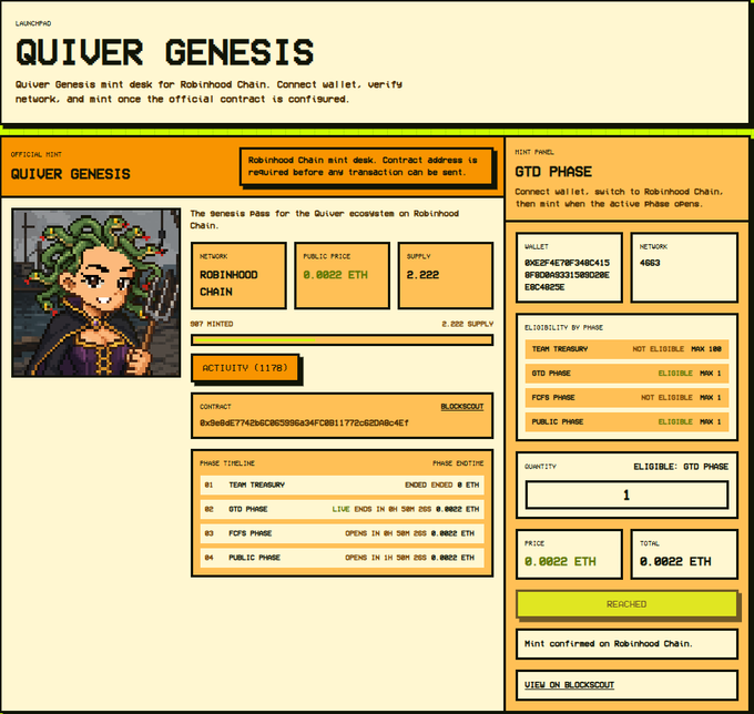 A retro-styled 'Quiver Genesis' NFT mint dashboard for the Robinhood Chain, showing GTD Phase details, wallet info, and a price of 0.0022 ETH.