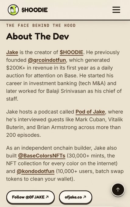 An 'About The Dev' page for the '$HOODIE' project, introducing Jake as the creator and detailing his background in crypto projects like @grcoindotfun, @BaseColorsNFTs, and @kondodotfun.
