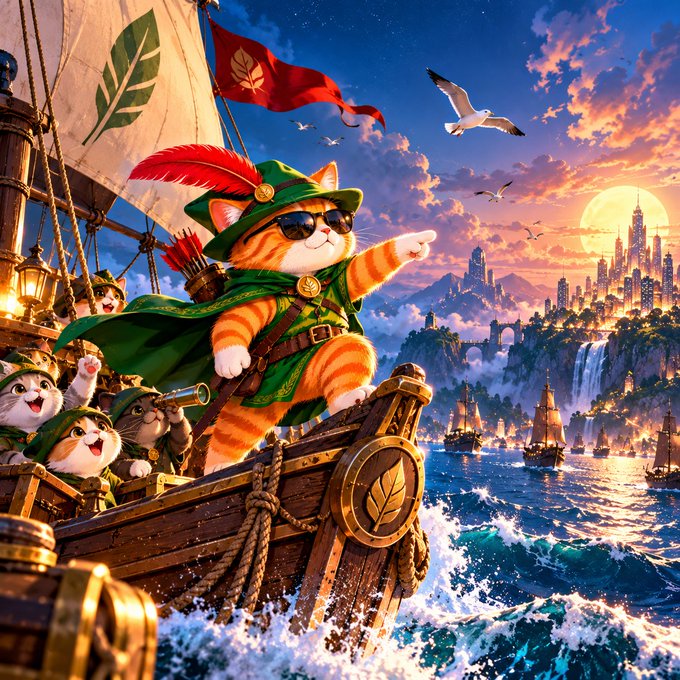 A fantasy illustration of a cat dressed as a green-clad Robin Hood archer on a ship, pointing toward a distant golden city at sunset.