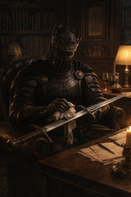 The image features a knight sitting at a desk with a sword in his hand, surrounded by bookshelves filled with various books. The scene suggests that the knight might be preparing for battle or studying ancient texts related to medieval history. The presence of multiple books indicates an intellectual environment where knowledge and learning are valued.