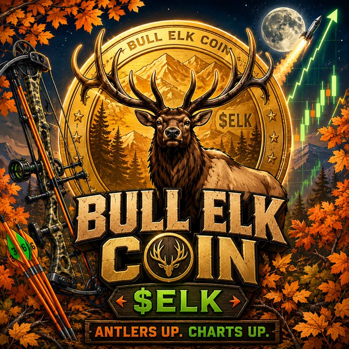 The image features a digital meme with an elk, a deer, a bow and arrow, and mountains set against a green background. The text displayed below these images reads "Bull Elk Coin" and mentions that this coin is powered by "Solana". Additionally, it says "Antlers Up!: Charts Up!", which could be interpreted as the coin has been created for hunters, nature lovers, or anyone who enjoys outdoor activities like camping and hunting.