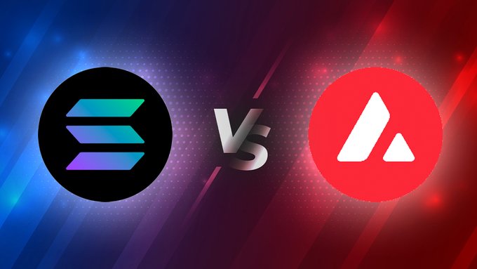 The image features the Solana ($SOL) and Avalanche ($AVAX) cryptocurrency logos facing off in a "VS" matchup graphic, with Solana's gradient blue-purple logo on the left against a blue background and Avalanche's red triangular logo on the right against a red background. This visually represents the comparison between the two blockchain projects discussed in the post, which explores their different strategies in the Real World Assets (#RWA) space.