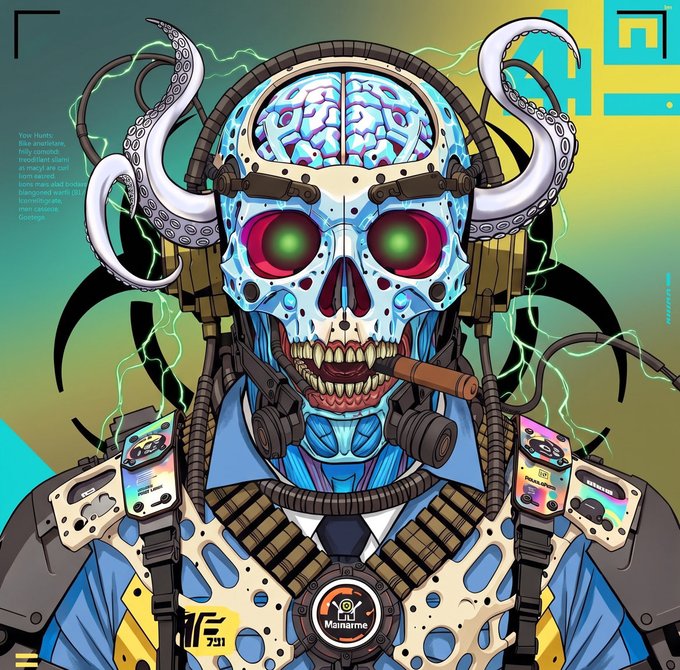 A vibrant digital illustration of a cybernetic skull with exposed glowing green eyes and a brain, smoking a cigar, with tentacles emerging from its head and various gadgets attached to its body.