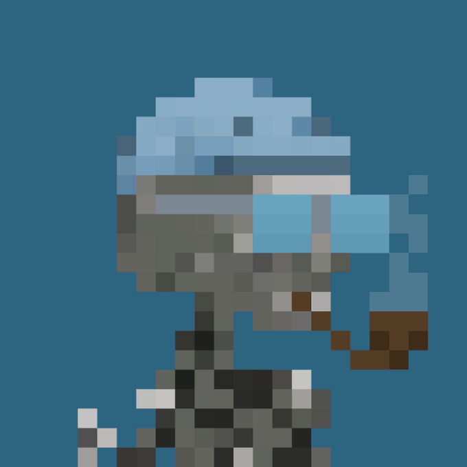 A pixel art sprite of a blue-haired character wearing blue goggles and dark armor, set against a blue ocean-like background, appearing to be a fish or diver-style character.