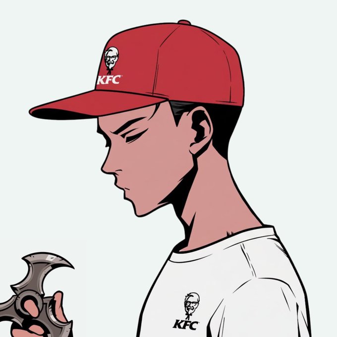 A stylized illustration of a young man wearing a red KFC cap with the iconic Colonel Sanders logo and a matching KFC t-shirt, looking down thoughtfully at a metal object in his hand. The branded KFC imagery pairs with the "Gm friends" post to evoke a casual, morning-greeting crypto/NFT community vibe.