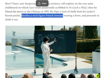 Social media post discussing Cary Grant in 'To Catch a Thief', with a highlighted phrase 'todolies a stick figure French inventor' over an image of a man in white by a pool.