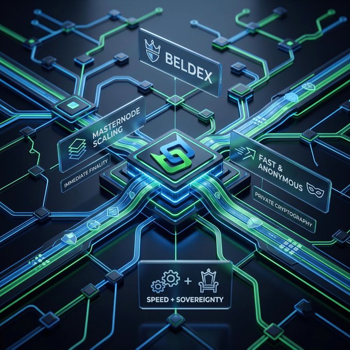 A futuristic circuit board graphic showcases the Beldex ($BDX) logo at the center, surrounded by glowing panels highlighting key features: "MASTERNODE SCALING," "IMMEDIATE FINALITY," "FAST & ANONYMOUS," "PRIVATE CRYPTOGRAPHY," and "SPEED + SOVEREIGNTY," visually reinforcing the post's message about overcoming outdated assumptions regarding privacy coin performance.