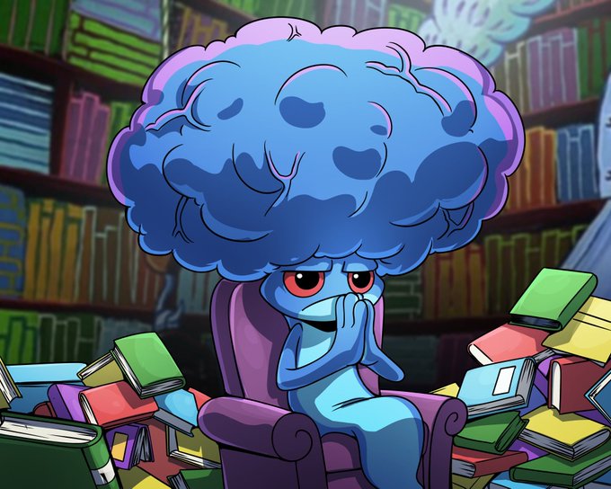 A cartoon illustration of a blue mushroom-like character with a large fluffy head sitting in a chair surrounded by stacks of colorful books, appearing contemplative with droopy red eyes.