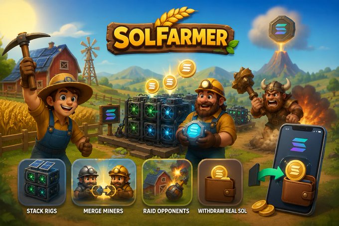 The image is a vibrant promotional banner for **SOLFARMER**, a Solana-based play-to-earn mining game, featuring cheerful farmer characters wielding pickaxes alongside mining rigs and a viking raider, with icons illustrating core gameplay mechanics: "Stack Rigs," "Merge Miners," "Raid Opponents," and "Withdraw Real SOL" to a mobile wallet.