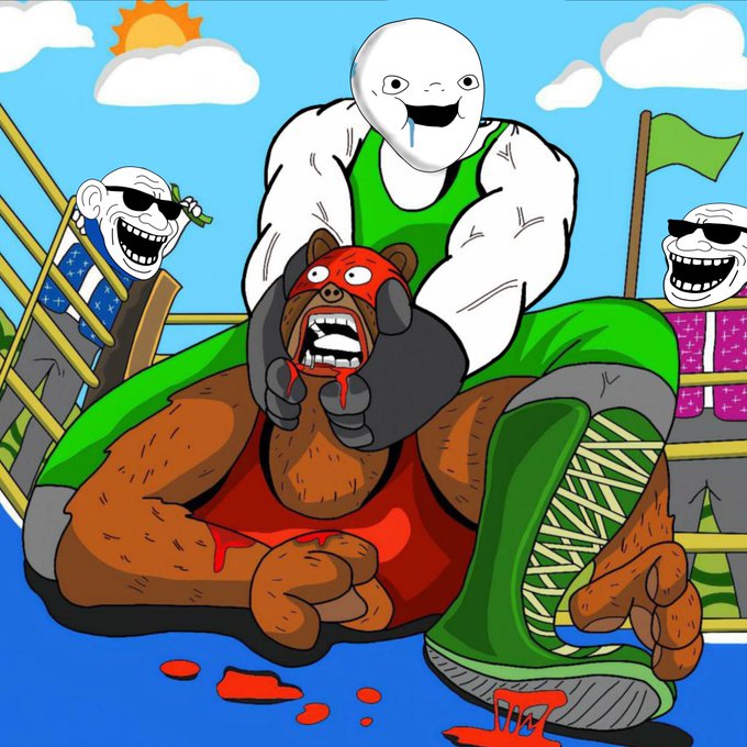 An illustration of a bloodied bear in a red wrestling mask being strangled by a large muscular white figure, with troll-face characters in the background.