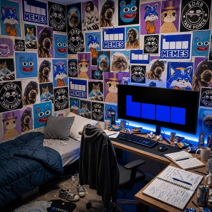 A bedroom covered in DRB Task Force and memes posters, featuring cartoon cats, dogs, and Pepe the Frog images, with a desk and gaming setup.