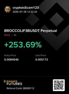 A Binance Futures trading signal from user "cryptoisScam123" dated 2026-07-28 shows a short position on BROCCOLIF3BUSDT Perpetual with a +253.69% gain, entering at 0.0084546 and closing at 0.005172, reflecting the substantial dump mentioned in the post.