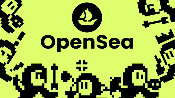 A pixel art style graphic featuring the 'OpenSea' logo and name surrounded by black pixelated character figures on a bright yellow-green background.