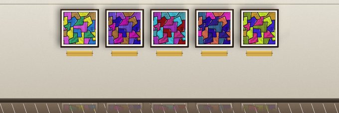 Five colorful abstract mosaic paintings in matching black frames hang in a row on a white gallery wall, each with a small yellow placard beneath it and reflected on the polished floor below.