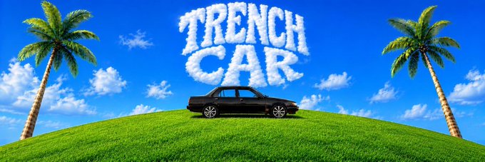 The image is a wide banner showing a black sedan parked on a grassy hill under a bright blue sky with fluffy white clouds and two palm trees on either side. The text "TRENCH CAR" appears in large cloud-shaped lettering in the sky above the car. This serves as the banner image for the Solana token $TCAR, visually representing the project's name with a playful, tropical aesthetic.