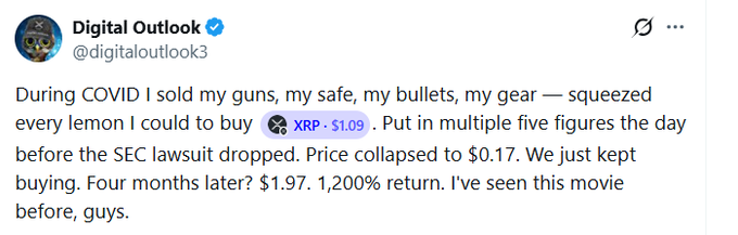 The image shows a post shared on social media featuring a graphic advertisement for Ripple XRP, which has dropped more than 70% from its cycle high. The title text states that Ripple XRP has fallen more than 70% from its historic rebound, implying that the cryptocurrency has experienced a significant drop in value recently. This information is likely based on the fact that the post was shared by someone who had seen this movie before, indicating a connection between the cryptocurrency's performance and their prior experiences with Ripple XRP.
