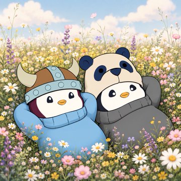 Two adorable cartoon penguins dressed in Viking and panda costumes cuddle together in a sunlit field of colorful wildflowers and daisies. The scene perfectly complements the post, with the Viking-helmeted penguin representing "Freya," the new companion joining her panda-costumed best friend in a charming meadow setting.