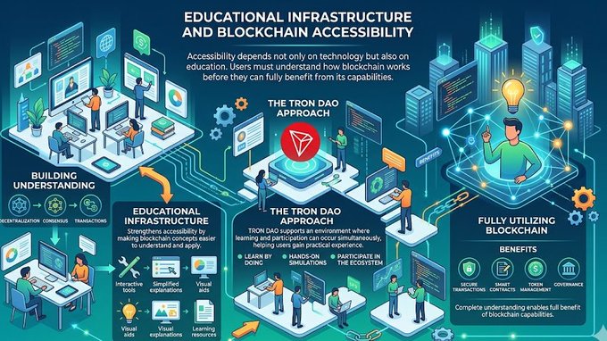 The image shows a series of people and various elements related to educational infrastructure and blockchain accessibility, depicted through a flowchart-like graphic design with multiple colors. The main focus is on the concept that education plays a crucial role in understanding and utilizing blockchain technology effectively. There are also mentions of individuals contributing to the development of TRON DAO and other initiatives, which support accessible and educational infrastructures for all users.