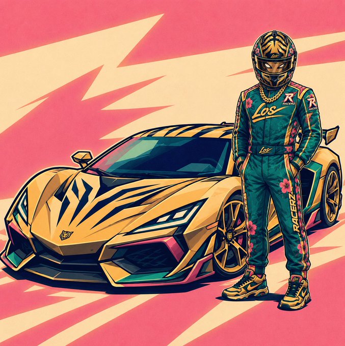 A stylized illustration of a race car driver in a teal racing suit with floral patterns and a tiger-themed helmet, standing next to a yellow and black sports car against a pink background.