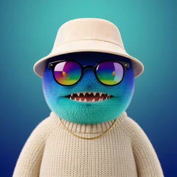 A 3D-rendered blue furry creature with sharp teeth, wearing a white bucket hat, rainbow-tinted sunglasses, and a cream sweater against a blue gradient background.