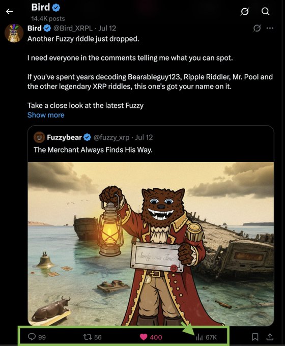 A Twitter post by Bird (@Bird_XRPL) sharing Fuzzybear's (@fuzzy_xrp) "The Merchant Always Finds His Way" riddle featuring a furry merchant character holding a lantern and document, with 67K views highlighted to emphasize community engagement with the XRP riddle.