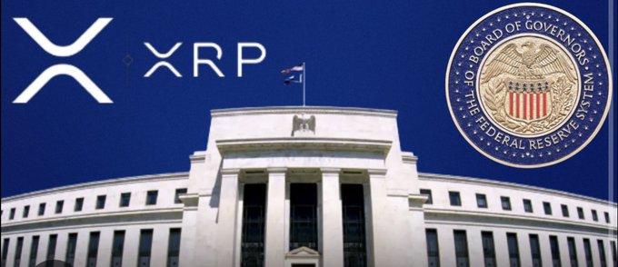 The image shows the Federal Reserve building with the XRP logo and "BOARD OF GOVERNORS • THE FEDERAL RESERVE SYSTEM" seal overlaid, relating to a CLARITY Act meeting that could impact XRP's regulatory status.