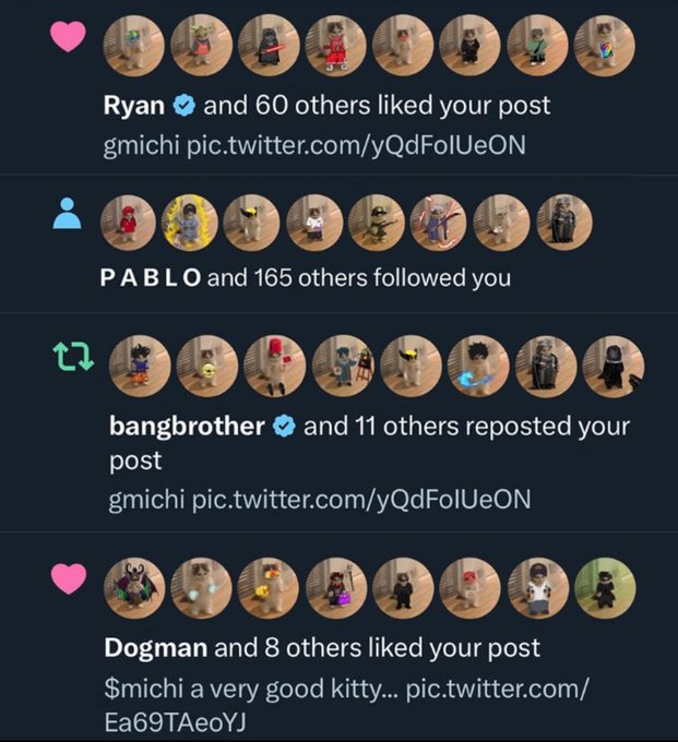 The image shows a list of people's names, including Ryan, Pablo, and others, along with their likes and followers. The posts are arranged in a table format, with each person listed under their name and the number of likes they have received. The text " Damn I miss these type of trenchers $michi" is also present in the image.
