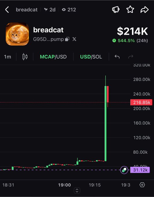 A mobile screenshot showing a crypto token called 'breadcat' (ticker G95D...) on pump.fun, with a market cap of $214K, up 544.5% in 24 hours, displaying a 1-minute candlestick chart with a sharp price spike.