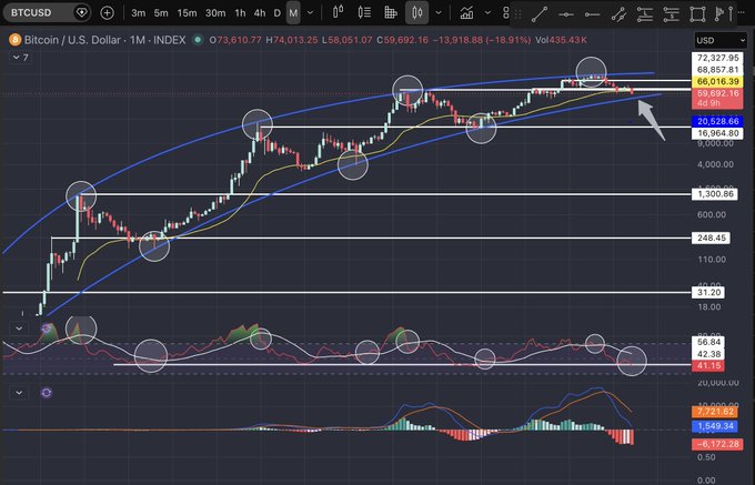 A monthly Bitcoin/USD chart on TradingView shows BTC trading at $59,692.16 (-18.91%) with an annotated blue arc tracking historical price cycles that consistently respect the EMA50 (yellow line), highlighted by circled inflection points where prior bull markets found support—visually reinforcing the post's thesis that the EMA50 acts as the structural backbone of Bitcoin's long-term bull cycles.