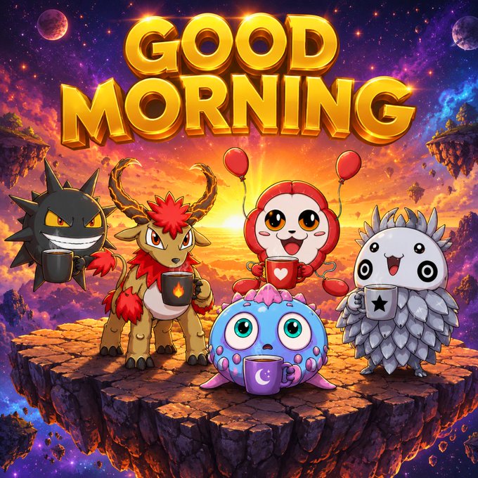 A digital illustration showing five cartoon creatures (resembling Gengar, a red-maned canine, a red ballerina-like creature, an owl, and a blue spherical creature) holding mugs of coffee on a floating island with "GOOD MORNING" in large gold text above them.