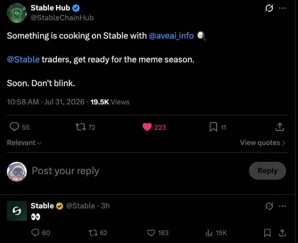 A tweet from Stable Hub (@StableChainHub) reads 'Something is cooking on Stable with @aveai_info. @Stable traders, get ready for the meme season. Soon. Don't blink.' dated Jul 31, 2026.