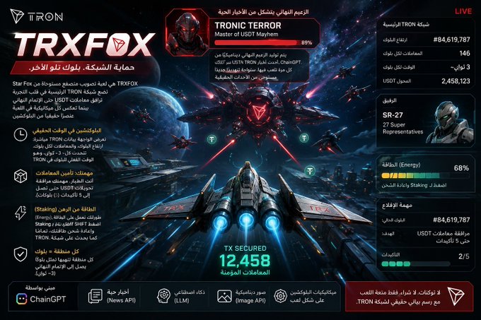 A dark, space-themed dashboard showcasing a futuristic starship combat interface titled "TRON TRXFOX," featuring a masked "TRONIC TERROR" character at 89% loyalty, live network stats including block #84,619,787, total transactions 2,458,123 USDT, and 12,458 secured TX operations, blending sci-fi shooter visuals with real-time TRON blockchain data.