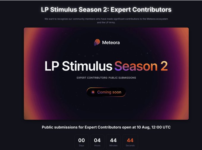 A promotional graphic for Meteora's 'LP Stimulus Season 2: Expert Contributors' campaign, announcing that public submissions open on August 10 at 12:00 UTC, featuring a countdown timer.