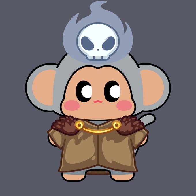 A chibi-style cartoon monkey wearing a grey hood with a skull flame emblem and a brown cape, set against a solid grey background.